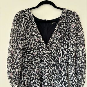 Navy Blue Floral Faux Wrap DKNY Medium Midi Dress